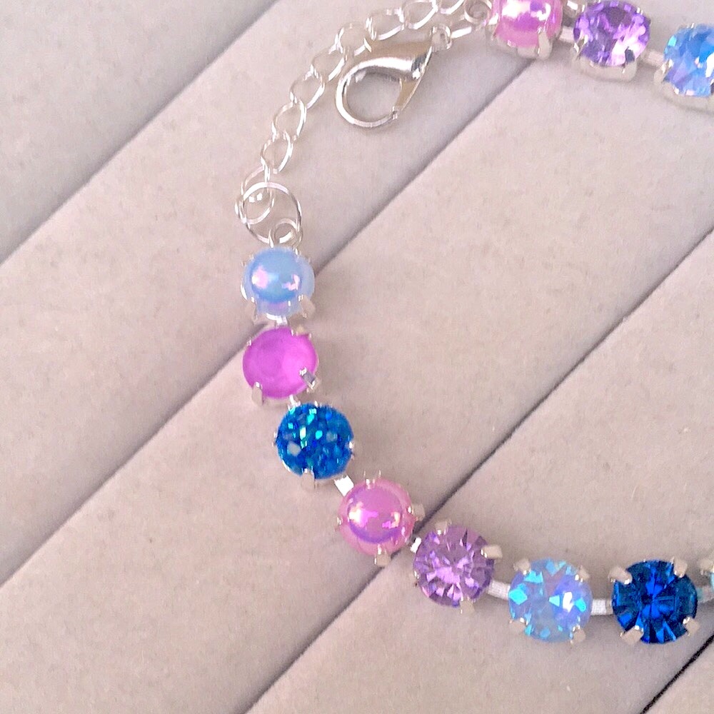 Sapphire, Purple +Periwinkle Opal Aurora Borealis Silver Crystal Tennis Bracelet - Picture 6 of 8